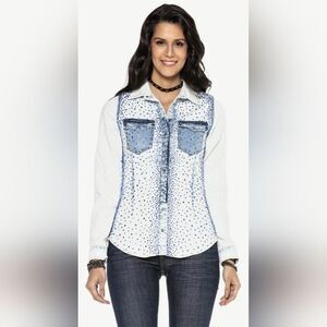 Dishe White & Blue Bedazzled Button Down Shirt (M)